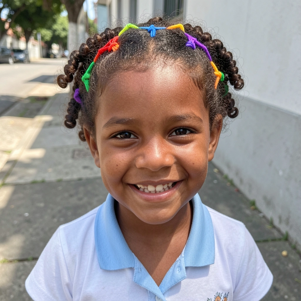 Elásticos coloridos entrelaçados em cabelo cacheado formando desenhos geométricos.