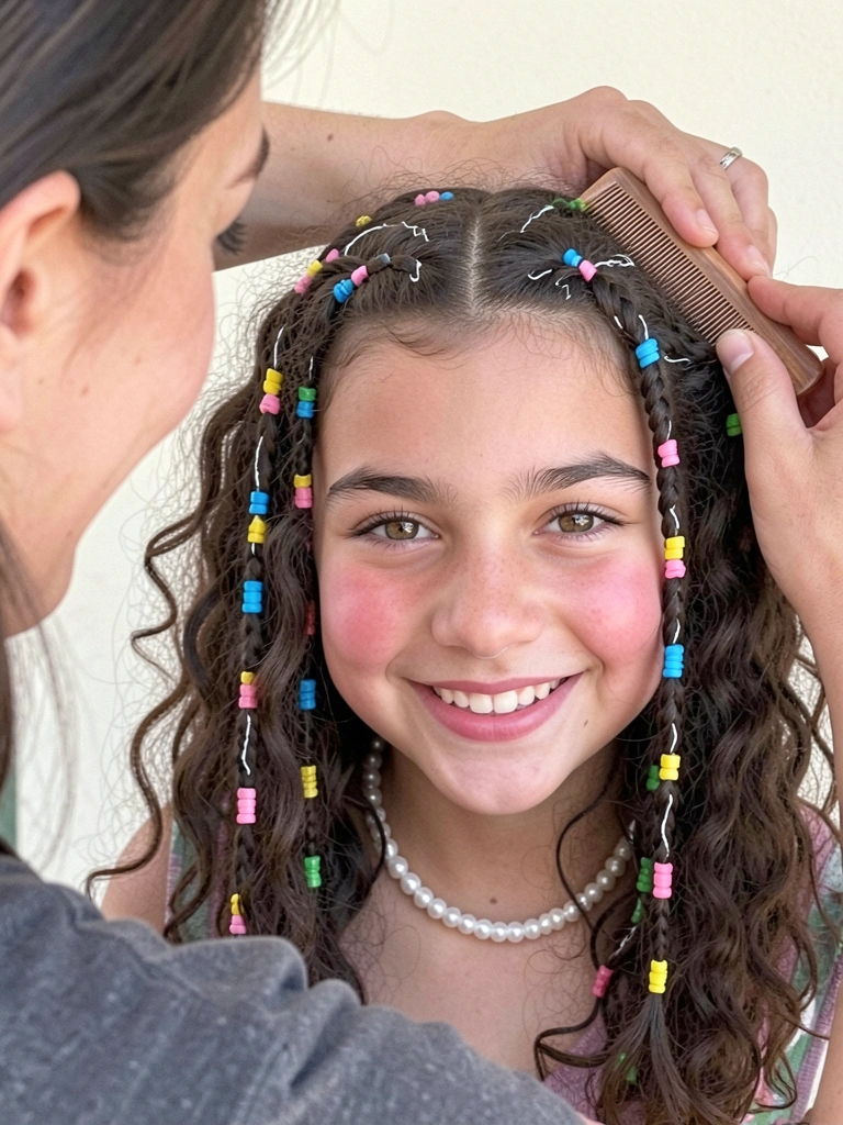 Mãe penteia cabelo cacheado da filha, ambas sorrindo em ambiente doméstico.