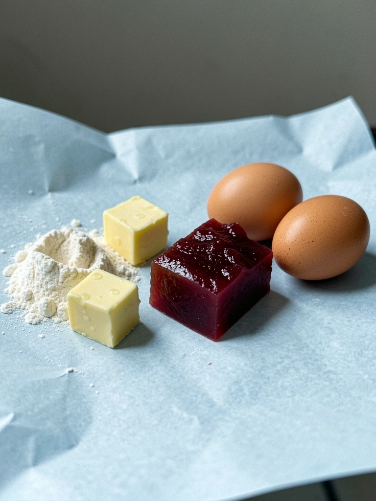 Ingredientes para goiabinha dispostos sobre uma mesa: farinha, manteiga, goiabada e ovos.