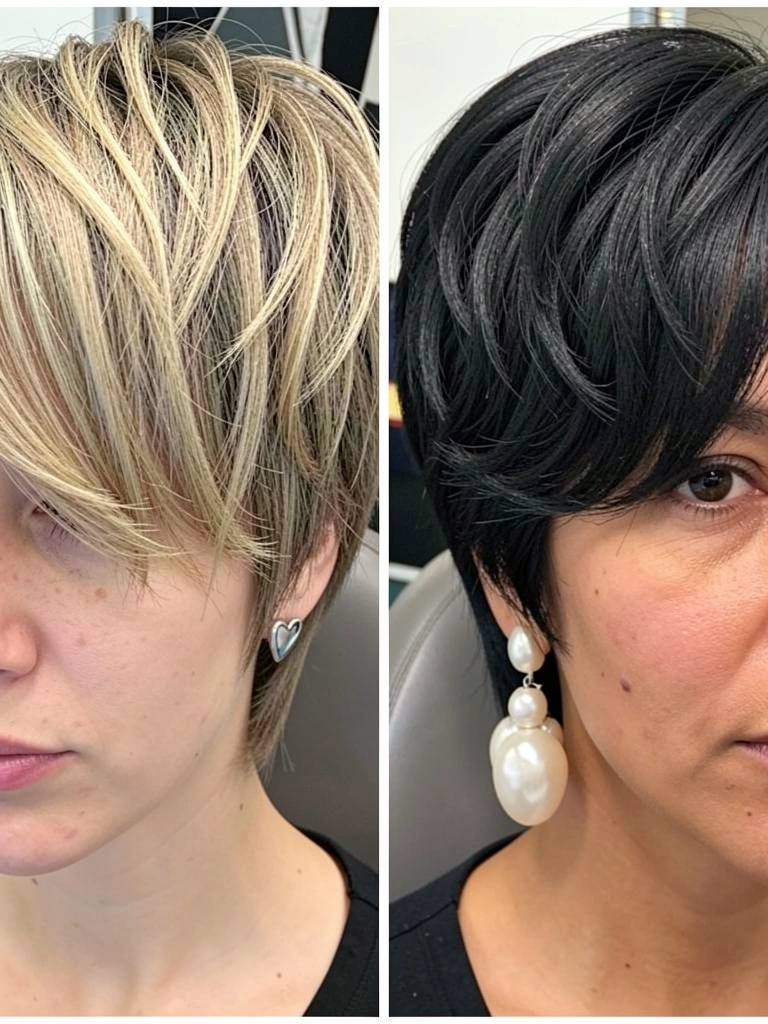 Mulher com cabelo curto sorrindo, mão no cabelo, fundo neutro claro.