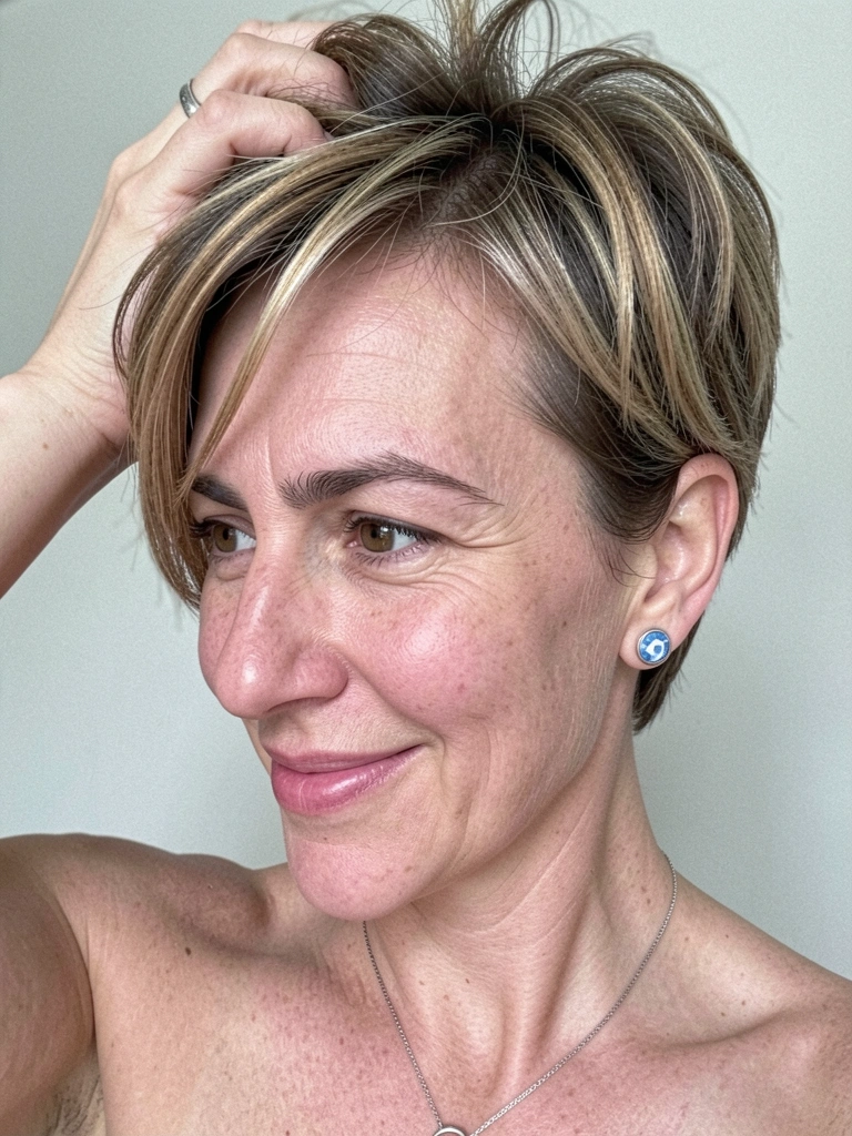 Mulher arrumando o cabelo curto com as mãos, olhando para o lado.
