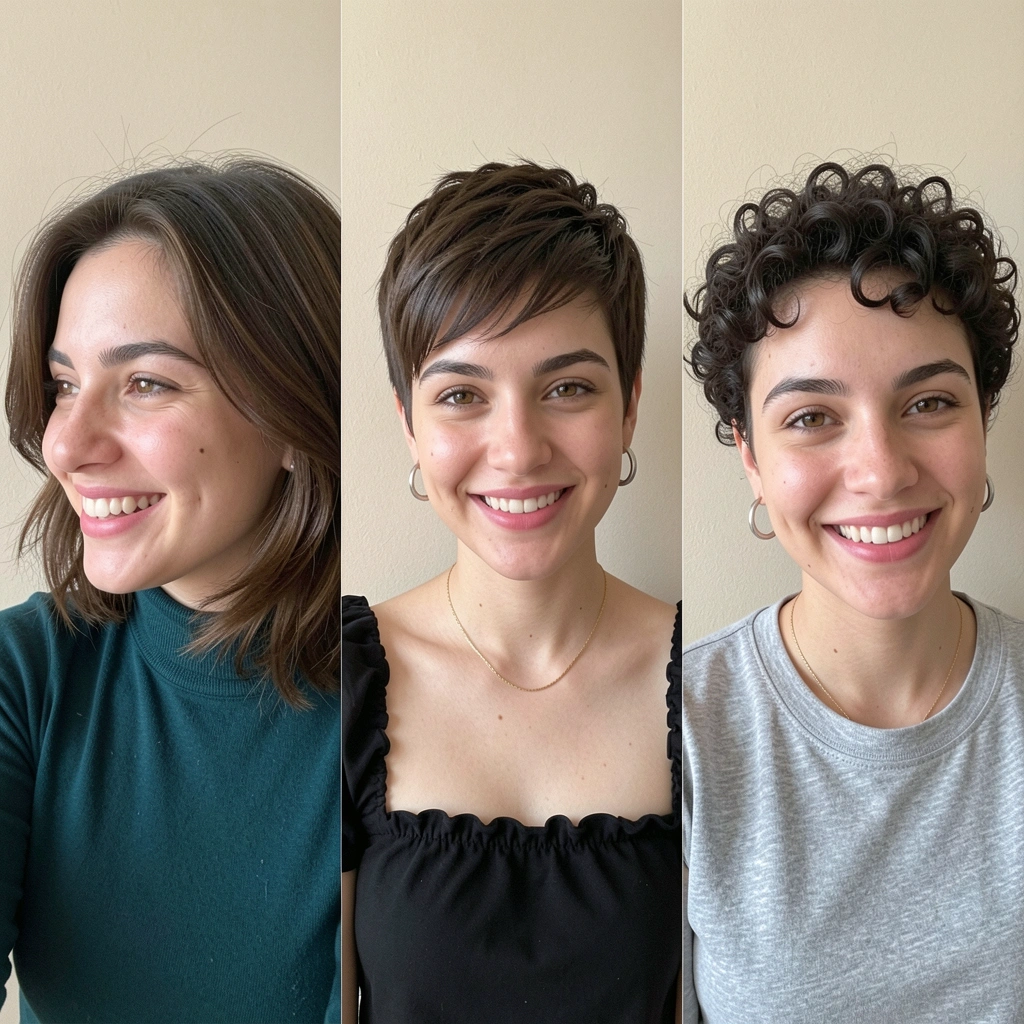 Colagem com seis variações de cortes de cabelo curto feminino, incluindo pixie, bob e undercut, em diferentes cores e texturas.