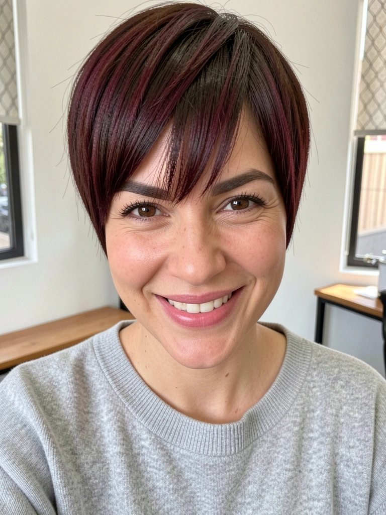 Corte pixie cut texturizado com franja longa cobrindo parte da testa.