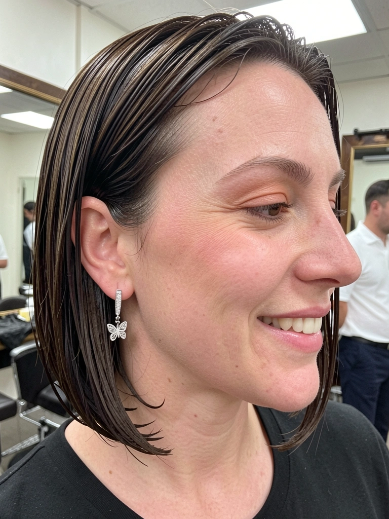 Mulher com cabelo curto estilo Chanel reto na altura do queixo, fios alinhados e brilho suave.