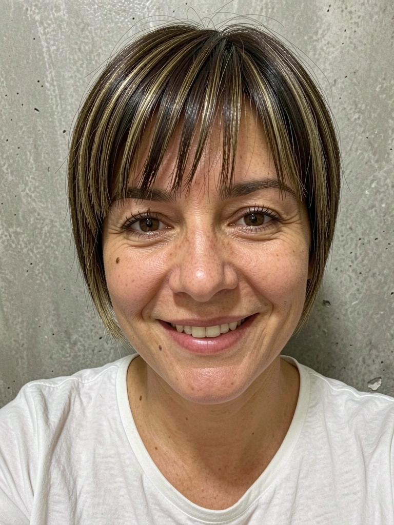 Corte joãozinho repicado com franja curta em cabelo feminino.