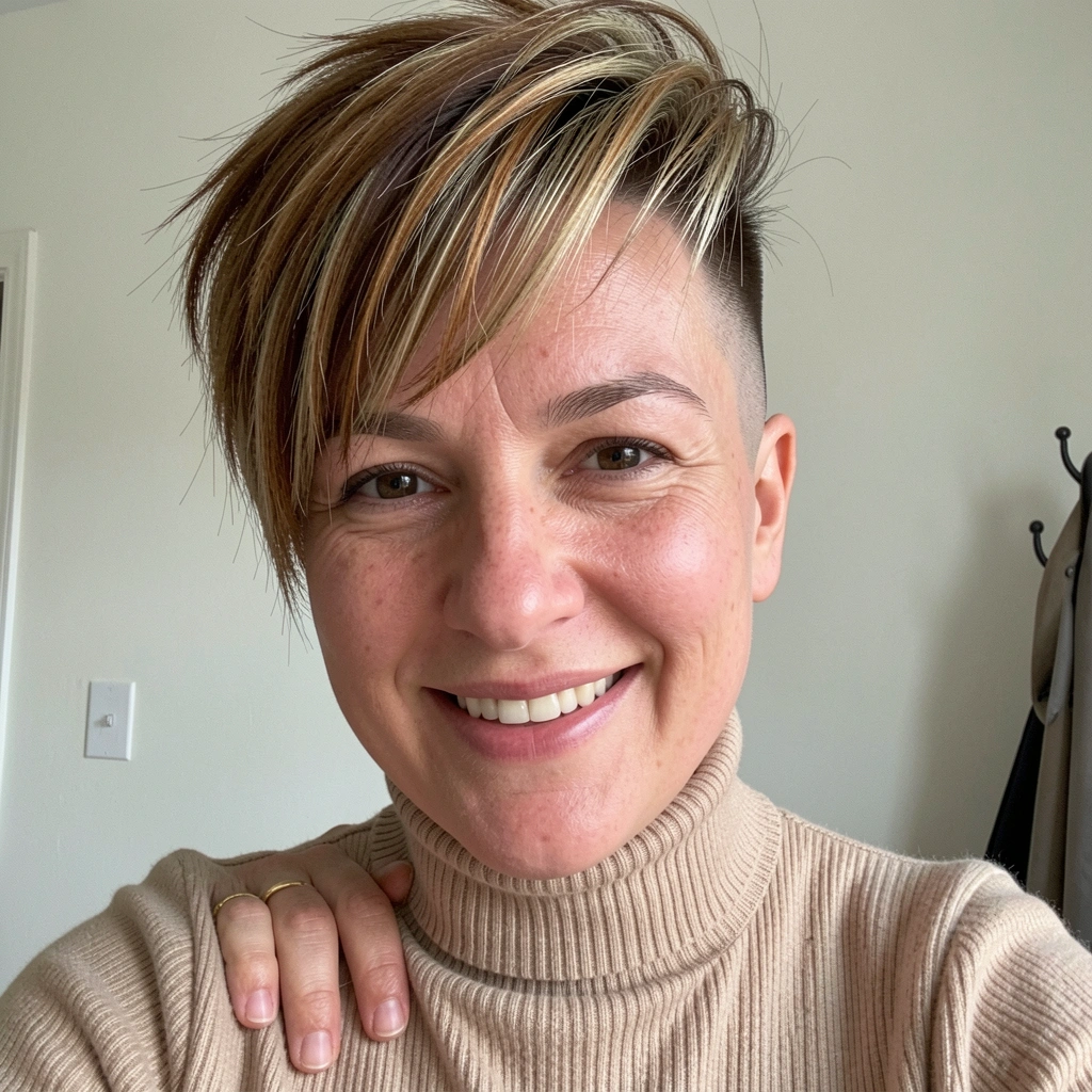 Mulher com undercut, laterais raspadas e topo volumoso, cabelo curto estilizado.