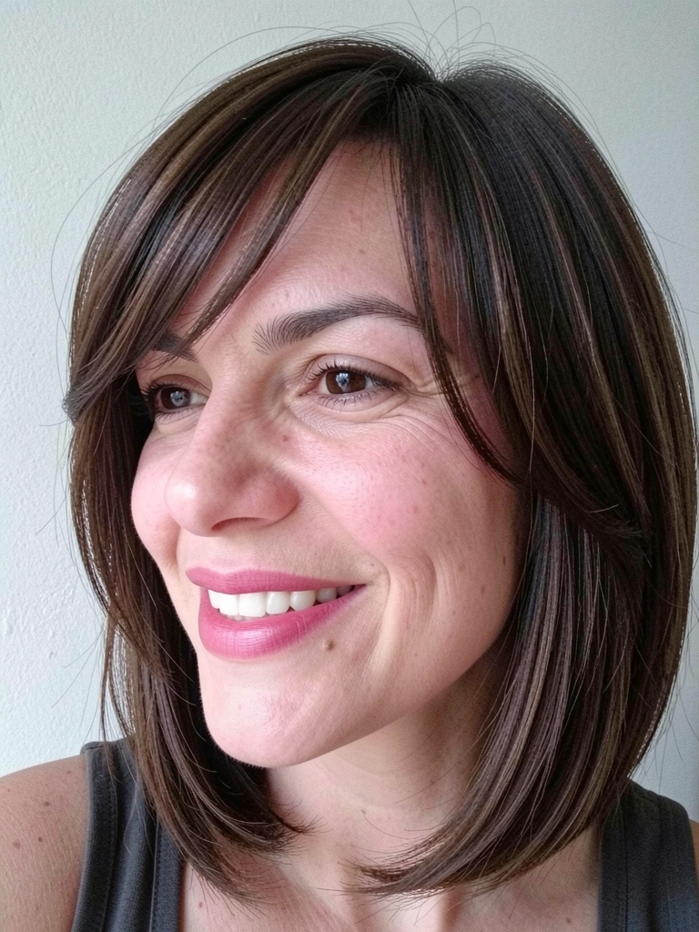 Rosto quadrado com cabelo longo bob desfiado e franja lateral.