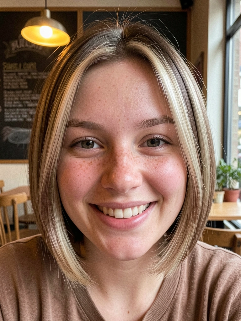 Cabelo liso e fino com corte repicado em camadas, com pontas texturizadas.