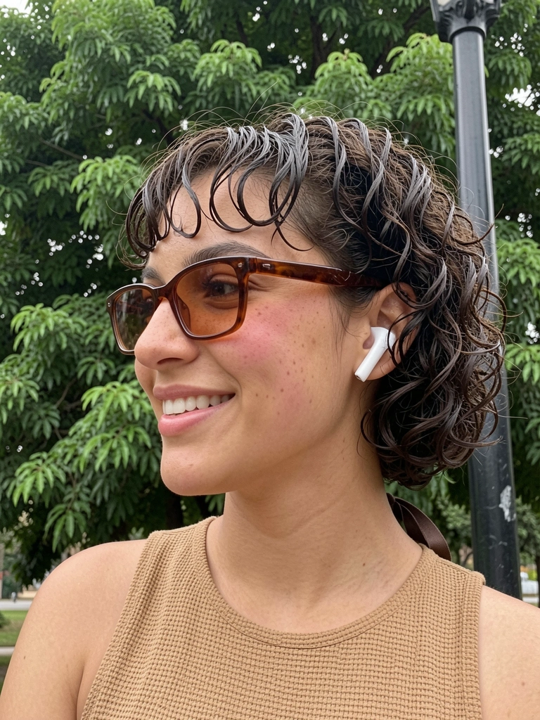 Cabelo cacheado com corte redondo e franja definida, iluminação suave destacando os fios.
