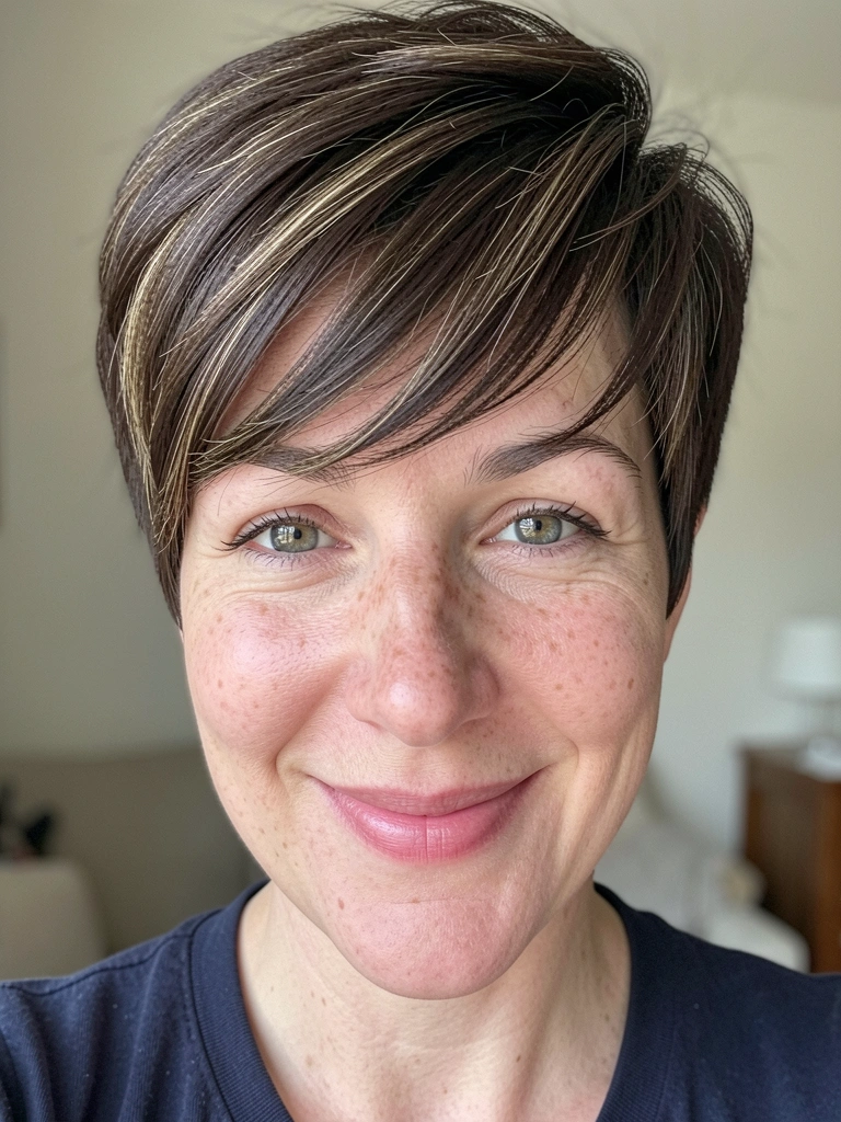 Corte pixie curto com volume no topo e laterais suaves