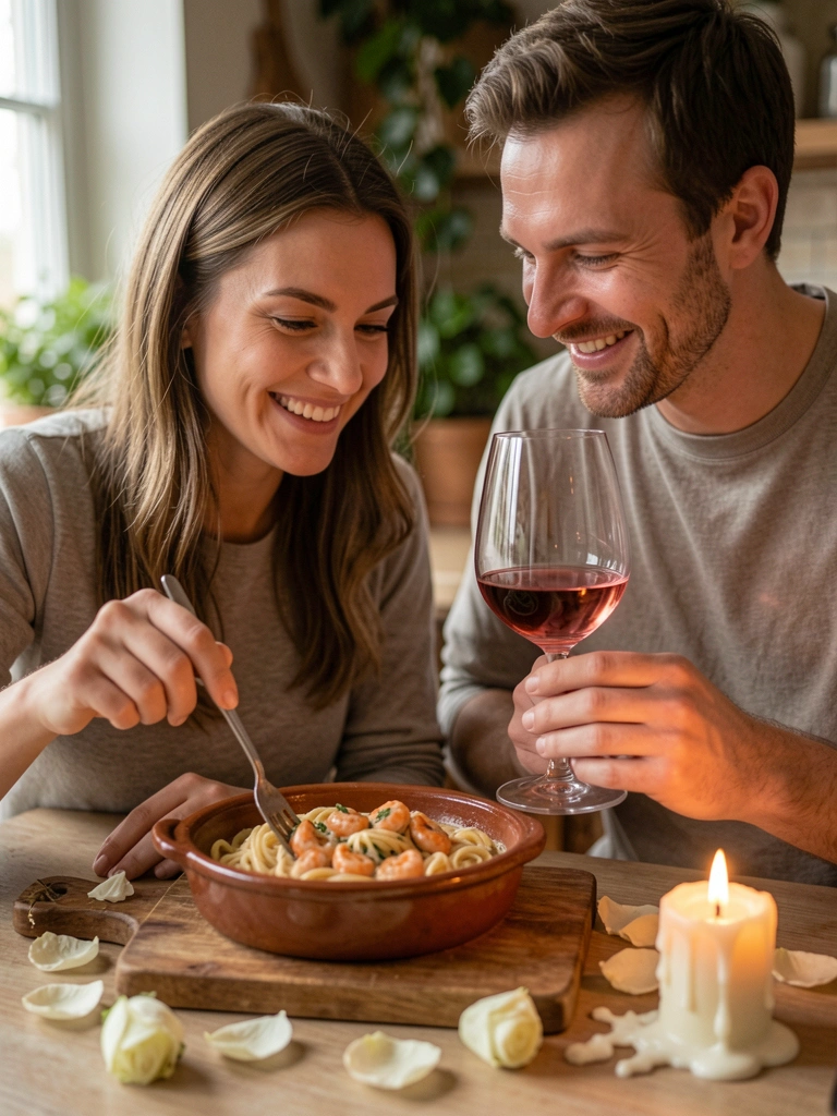 Casal sorrindo enquanto prepara jantar na cozinha, um corta legumes e outro mexe panelas.
