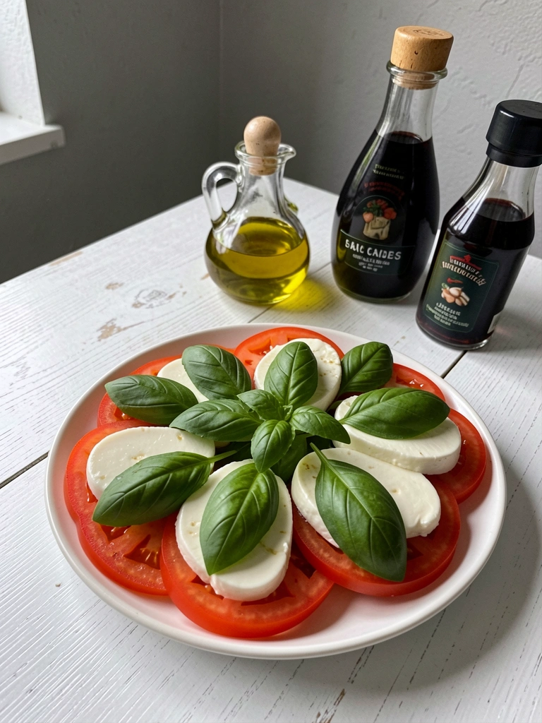 Salada caprese com tomates vermelhos, mussarela fresca e folhas de manjericão em um prato branco.