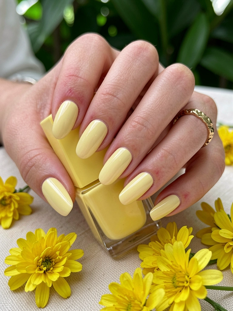 Tubos de esmalte amarelo manteiga ao lado de flores amarelas sobre superfície clara.