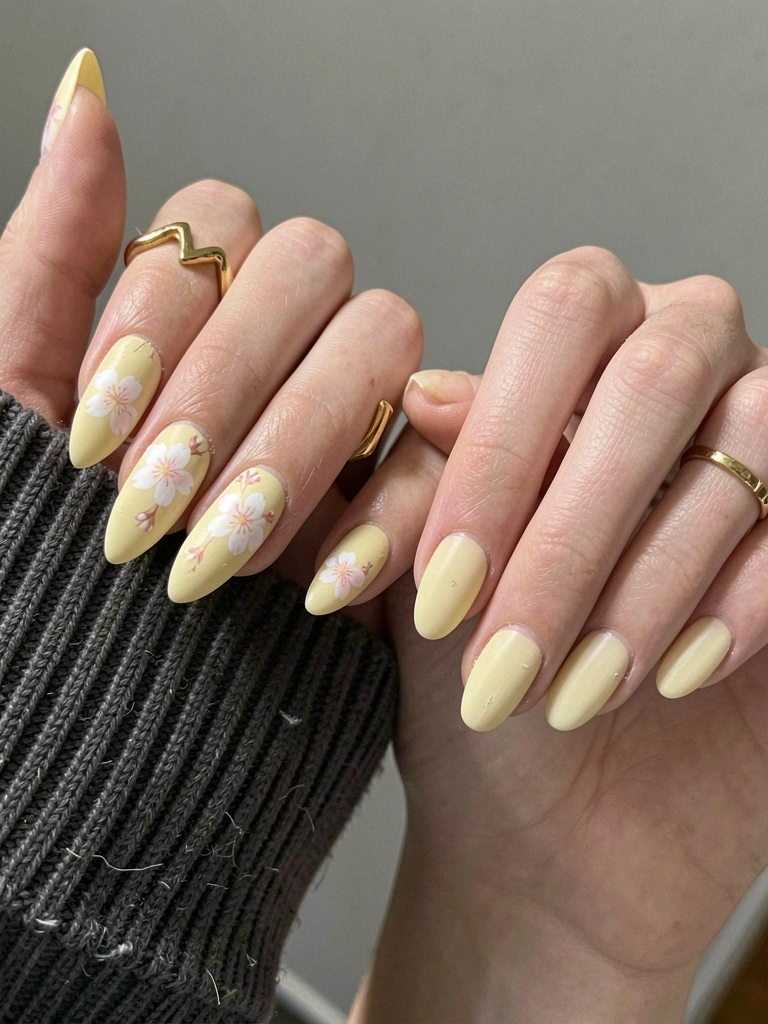 Mãos com unhas curtas e longas exibindo esmalte amarelo manteiga, sobre fundo neutro.