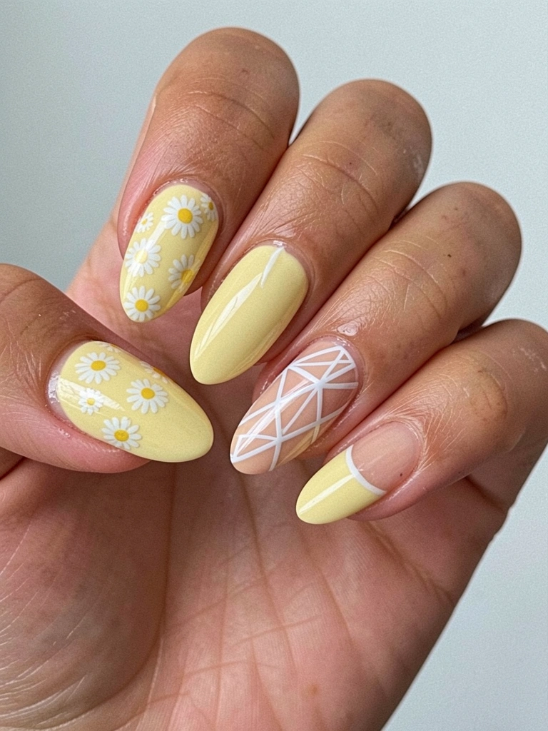 Mosaico de unhas decoradas em diferentes estilos com esmalte amarelo manteiga.