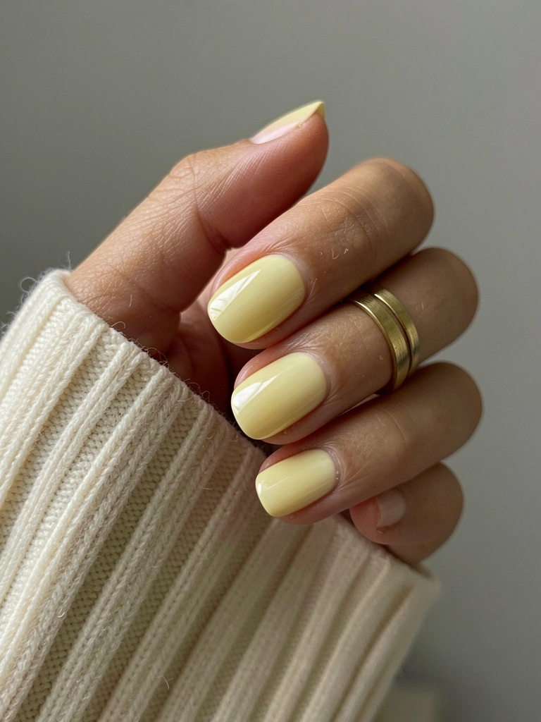 Unhas com esmalte amarelo manteiga e acabamento brilhante.