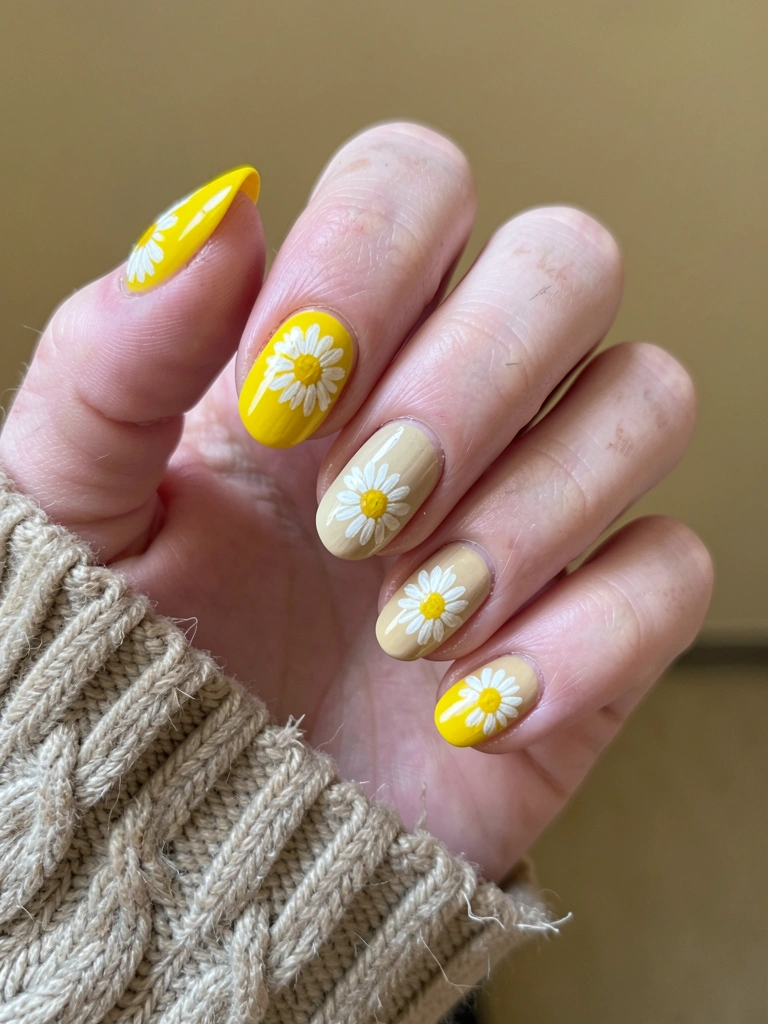 Mãos com unhas decoradas exibindo esmalte amarelo manteiga e detalhes de flores brancas e amarelas sobre fundo pastel.