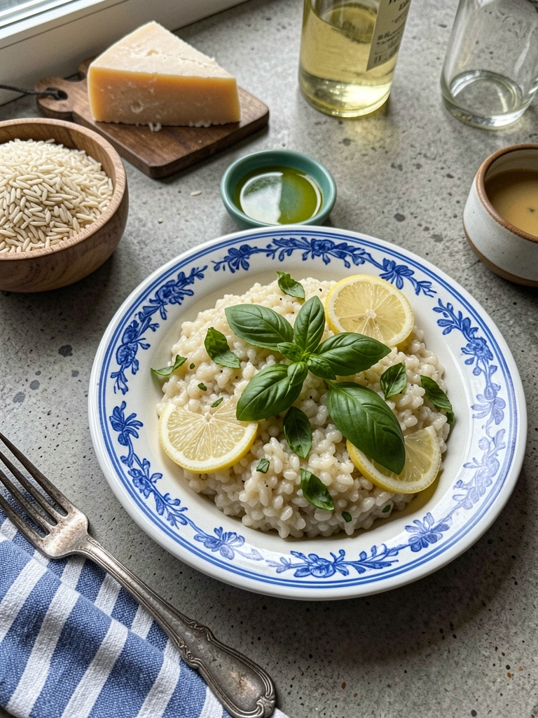 Ingredientes para risoto: arroz arbóreo, queijos variados, garrafa de vinho e caldo em uma bancada de cozinha.