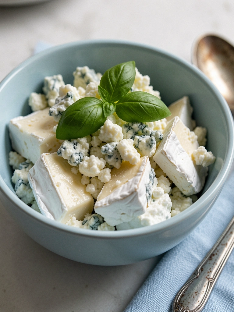 Pratos com parmesão, gorgonzola, brie e ricota dispostos sobre uma superfície de madeira.