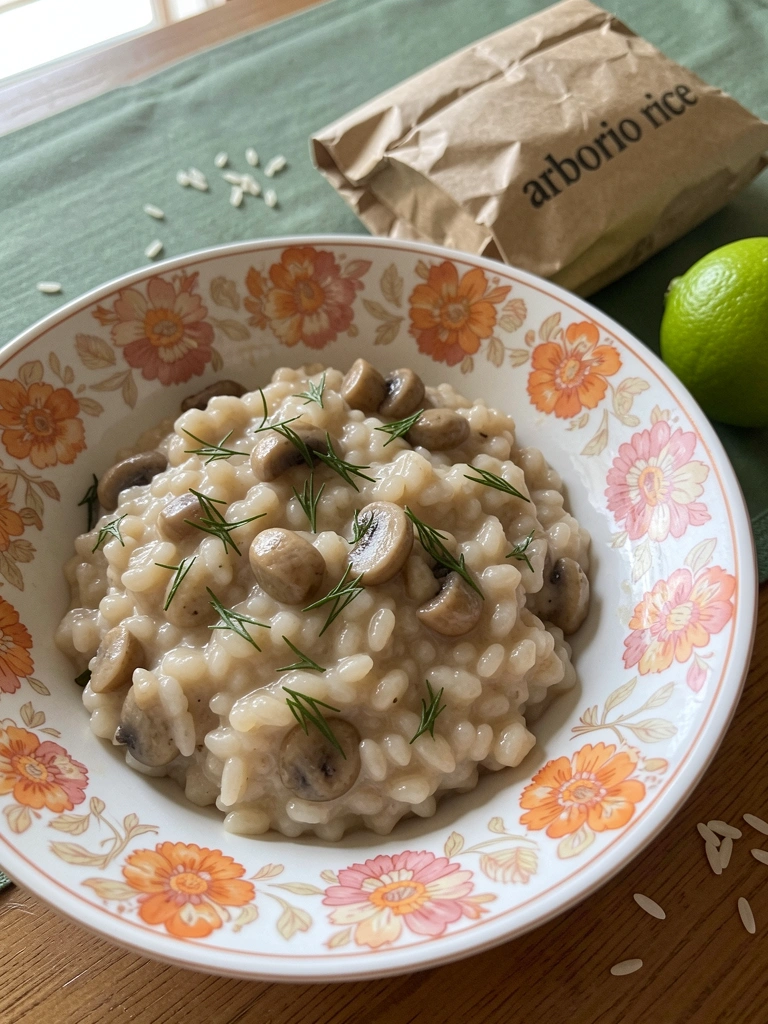 Saco de arroz arbóreo sobre bancada de madeira com grãos crus espalhados ao lado.