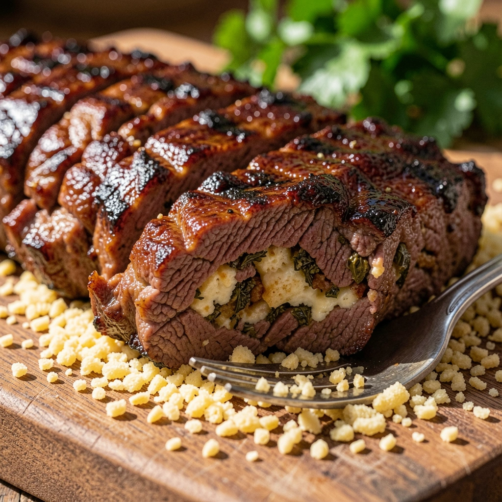 Fatias de cupim recheado sobre tábua de carne