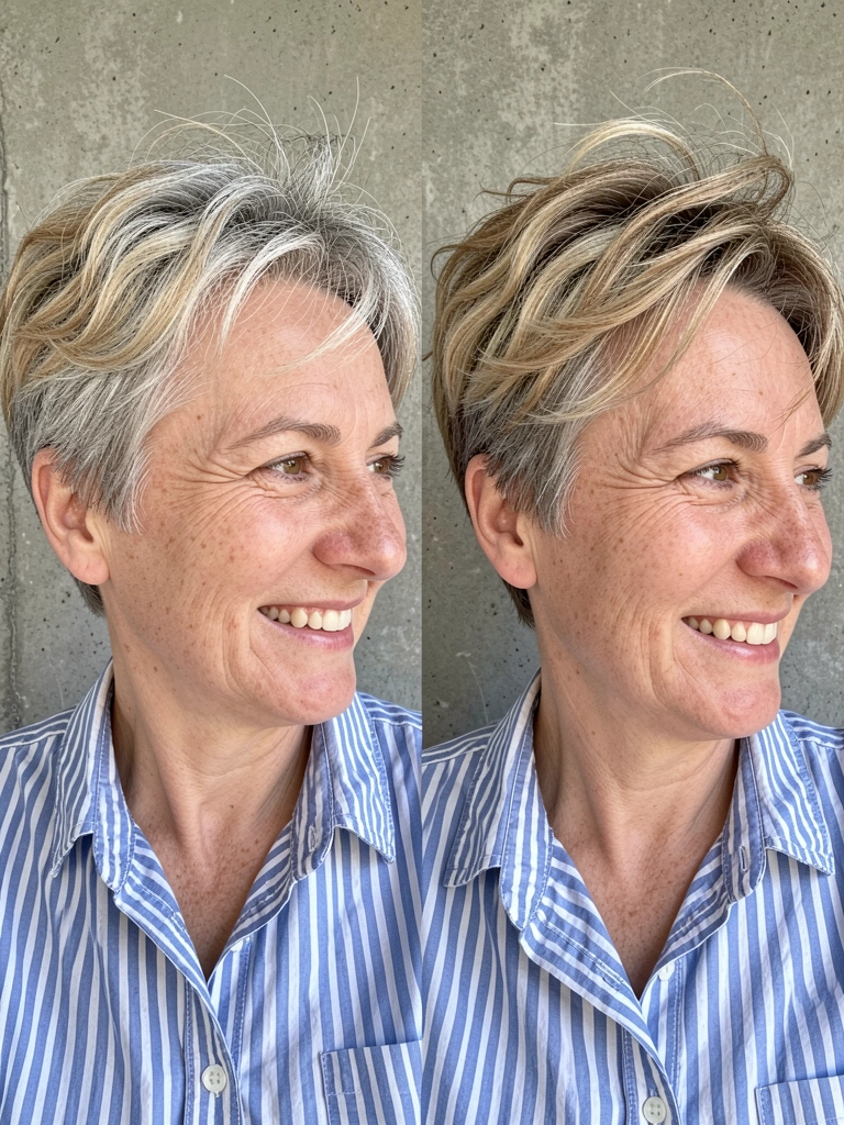Senhora com cabelo curto repicado antes e depois do corte.