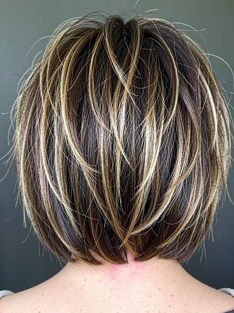 Senhora com cabelo grisalho em corte shaggy bob repicado, fios volumosos e texturizados.
