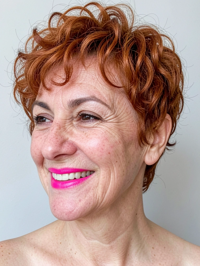 Senhora com pixie cut repicado, laterais curtas, olhando para o lado.
