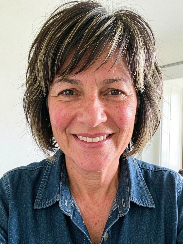 Senhora de rosto quadrado com cabelo curto repicado em estilo shaggy bob desconectado.
