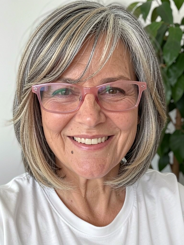 Senhora de rosto oval com cabelo bob repicado clássico, olhando para o lado.