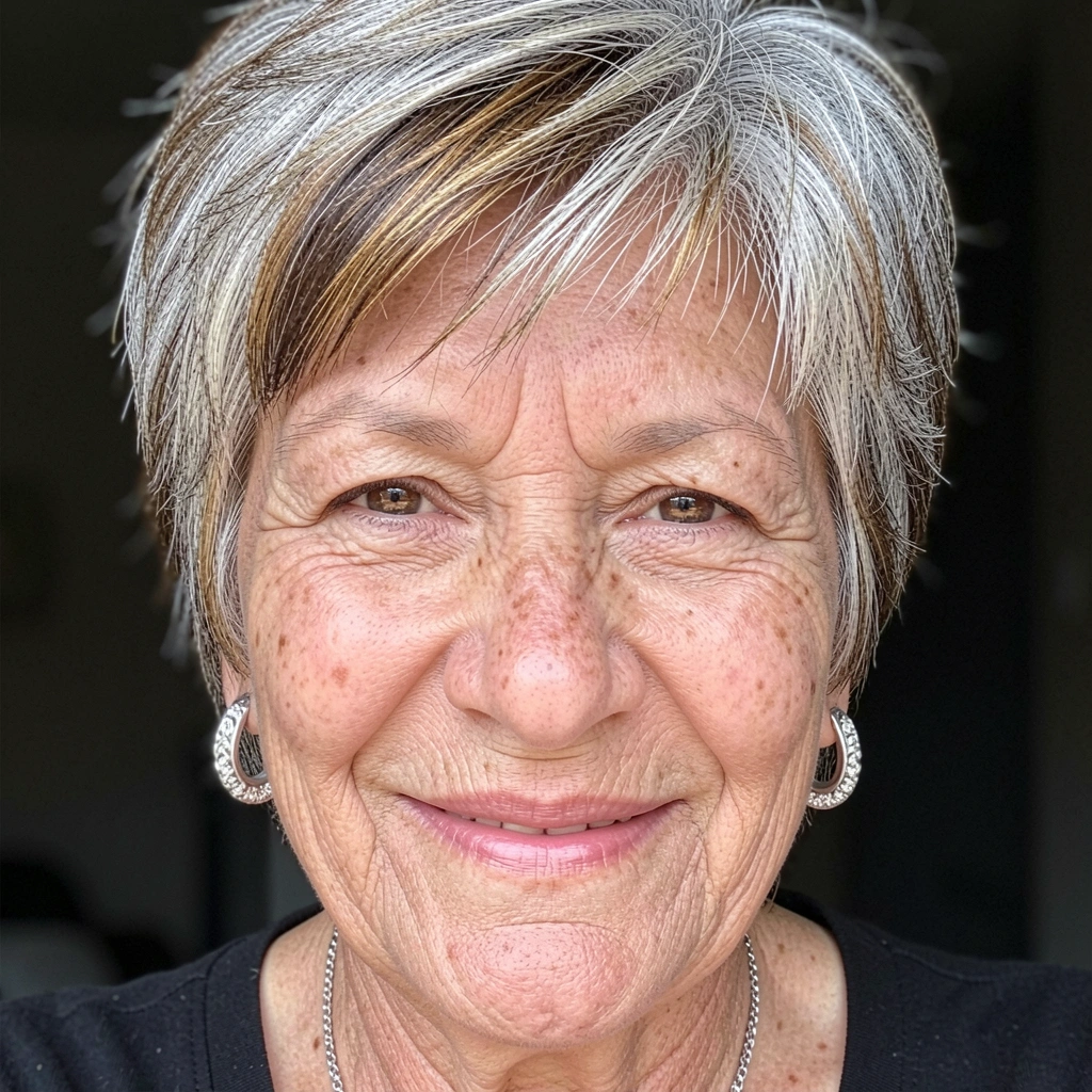 Cabelo fino com repicado que dá volume na raiz, em close.