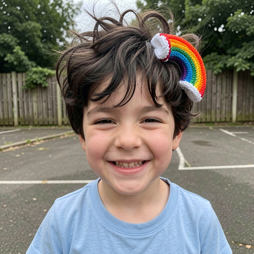 Menino com cabelo pintado de azul e rosa, usando óculos coloridos e sorrindo em sala de aula.