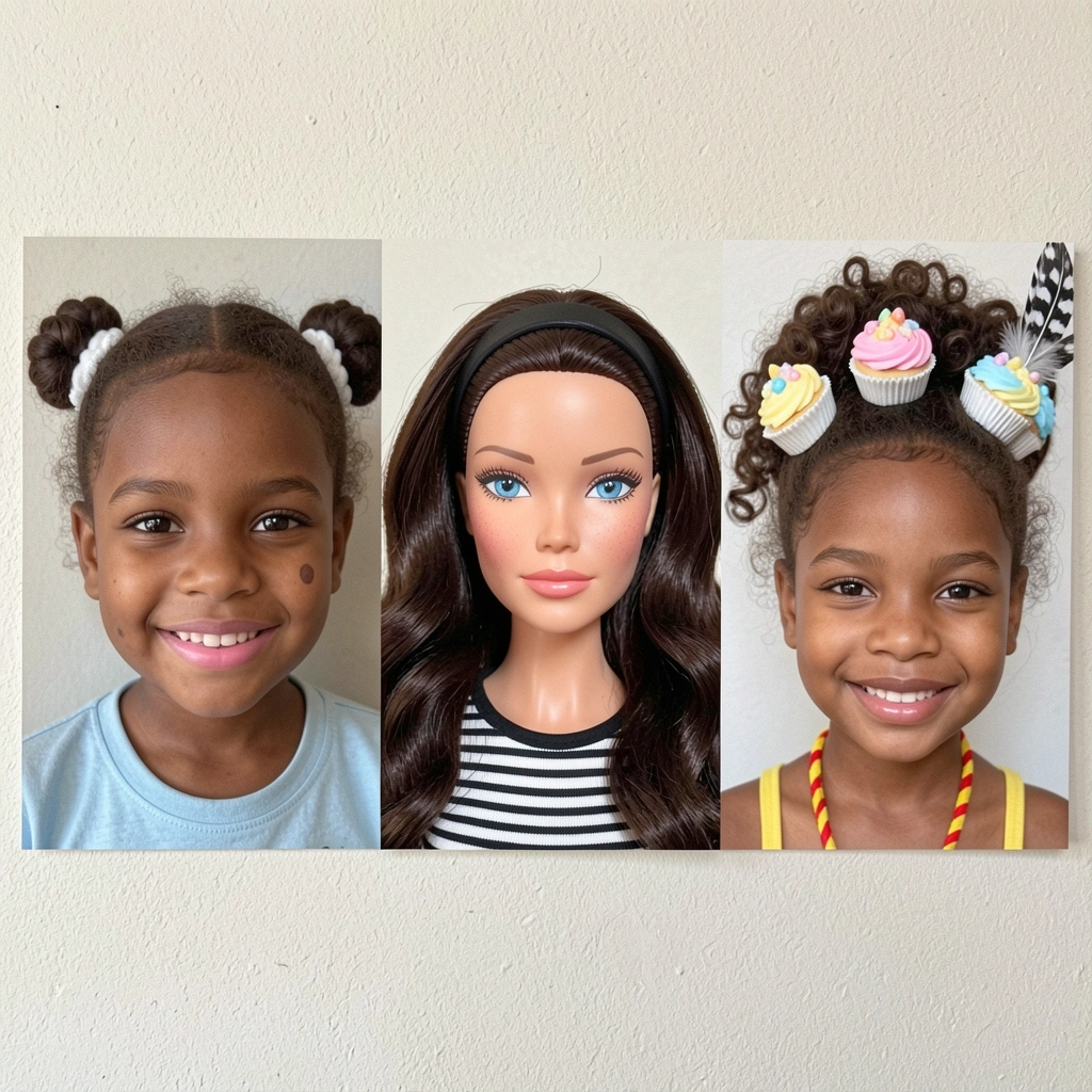 Colagem com crianças usando penteados criativos: cabelo pintado de azul com estrelas, outro com miniaturas de carrinhos, e um com personagens de desenho animado presos nos fios.