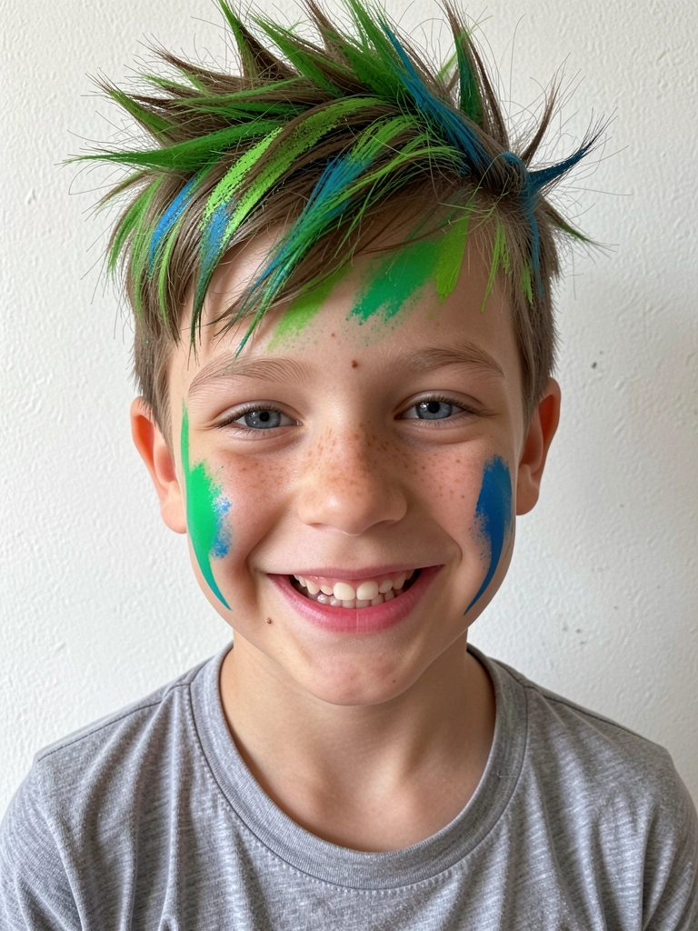 Menino com cabelo pintado de verde e azul com spray, fundo neutro.