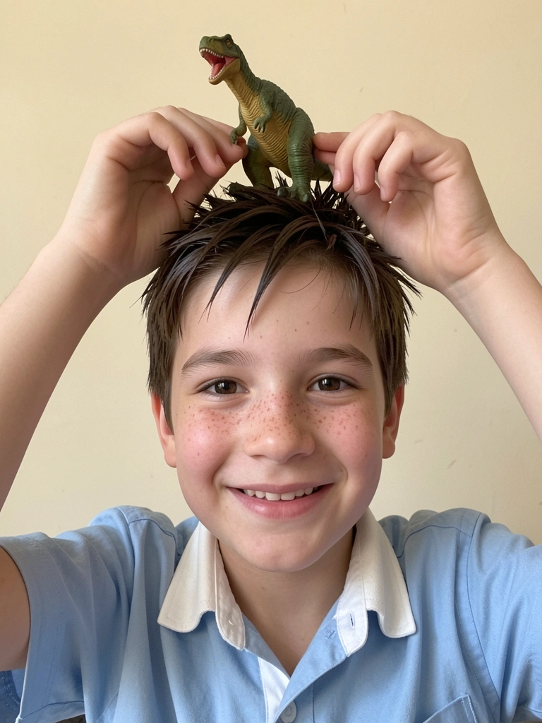 Menino com cabelo espetado segurando dinossauro de borracha no topo da cabeça.