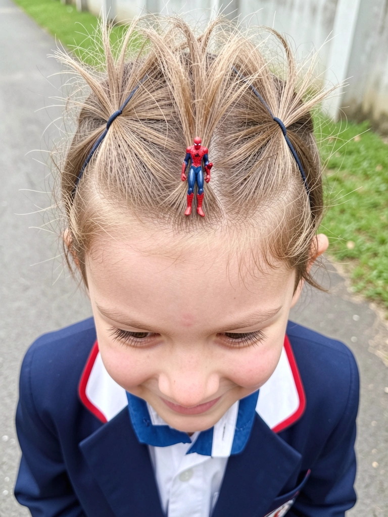 Menino com cabelo modelado em formato de teia de aranha e um boneco do Homem-Aranha apoiado na cabeça.