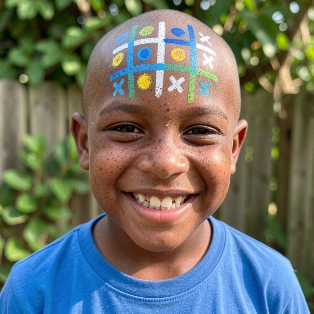 Menino com cabelo raspado exibindo desenhos coloridos feitos com spray na cabeça.
