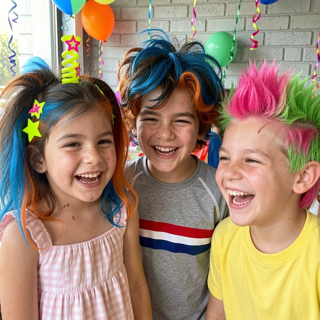 Três crianças com penteados criativos e coloridos em uma festa temática.