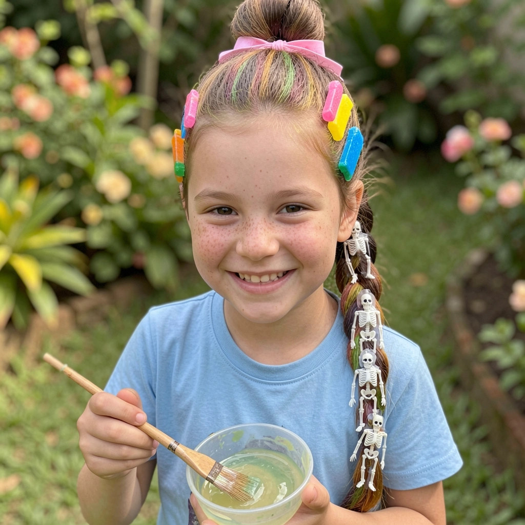 Gel, corante alimentício e escova sobre uma superfície clara.