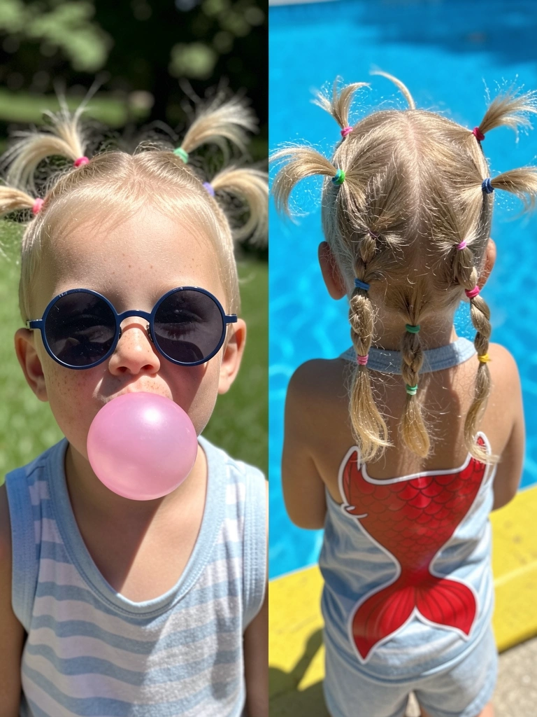 Menino com cabelo dividido em tufos presos com elásticos coloridos.