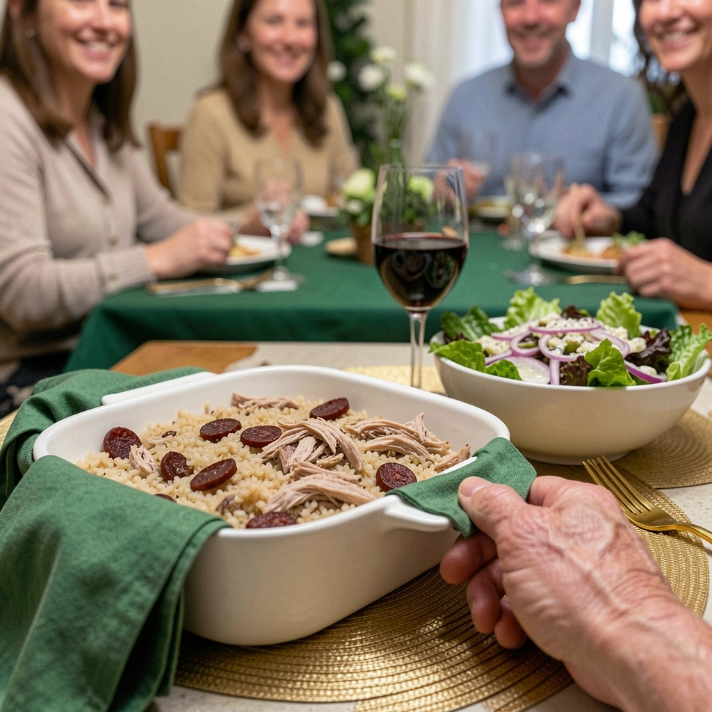 Ingredientes para arroz de pato sobre uma mesa: pato, chouriço, arroz, vinho tinto e legumes.