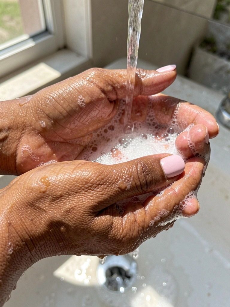 Mãos sendo lavadas com sabão sob luz solar, espuma e água escorrendo.
