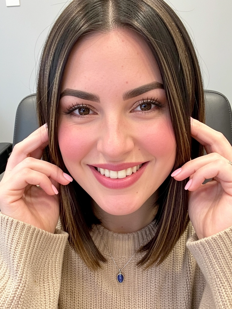 Mulher com cabelo liso na altura do queixo, base reta, olhando para frente.
