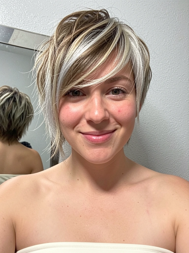 Close de um pixie cut desfiado com franja lateral, cabelos texturizados.