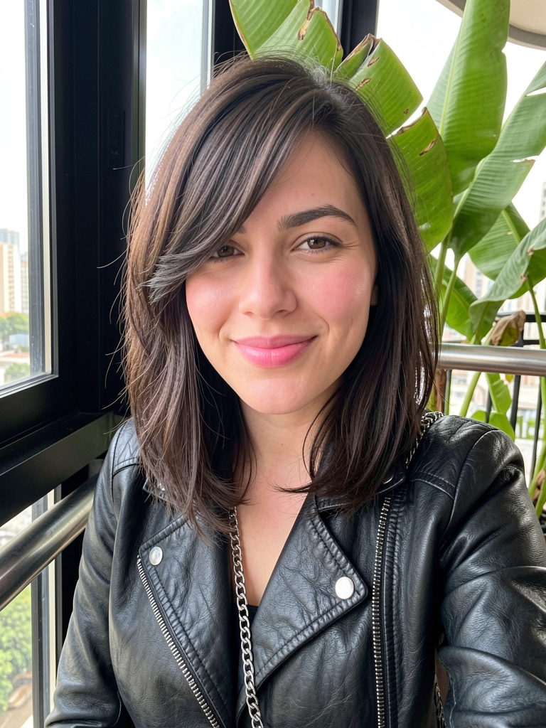 Corte long bob com volume no topo e leve assimetria nas pontas.