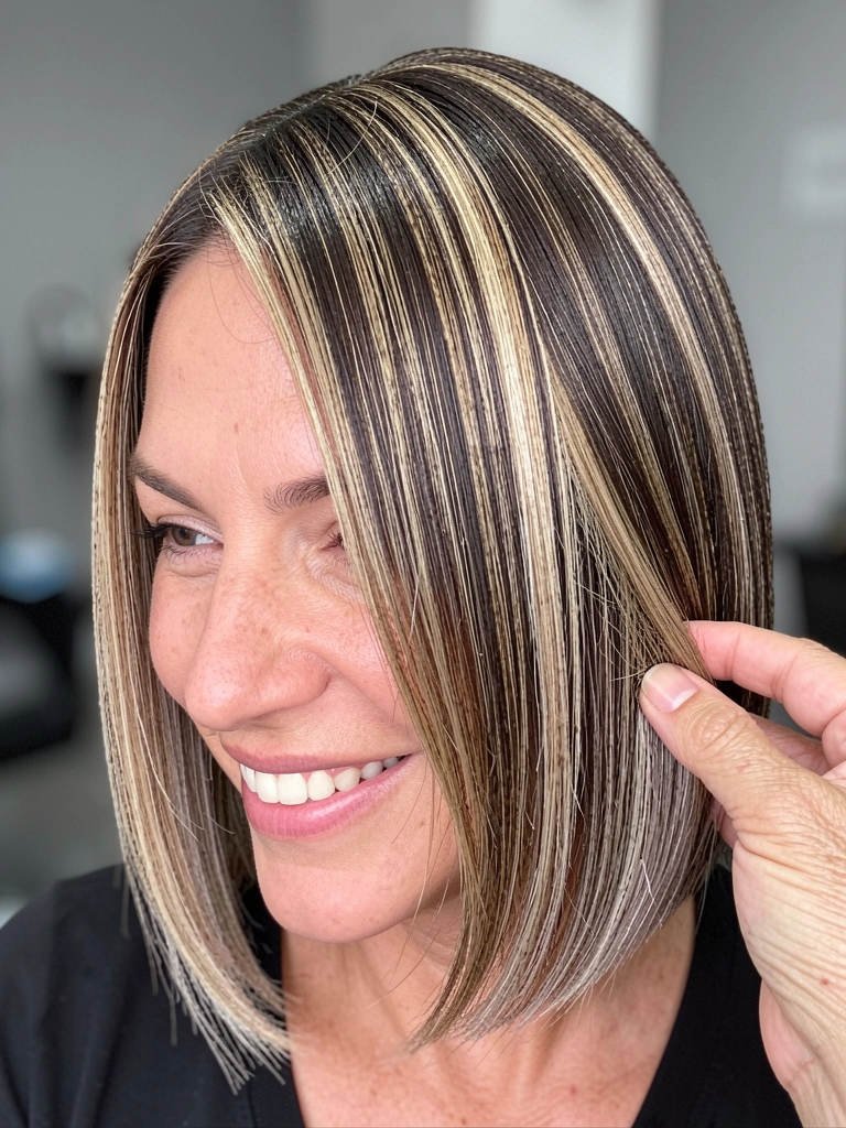 Blunt bob liso com texturizador para volume, cabelo na altura do queixo com pontas retas e leve textura.