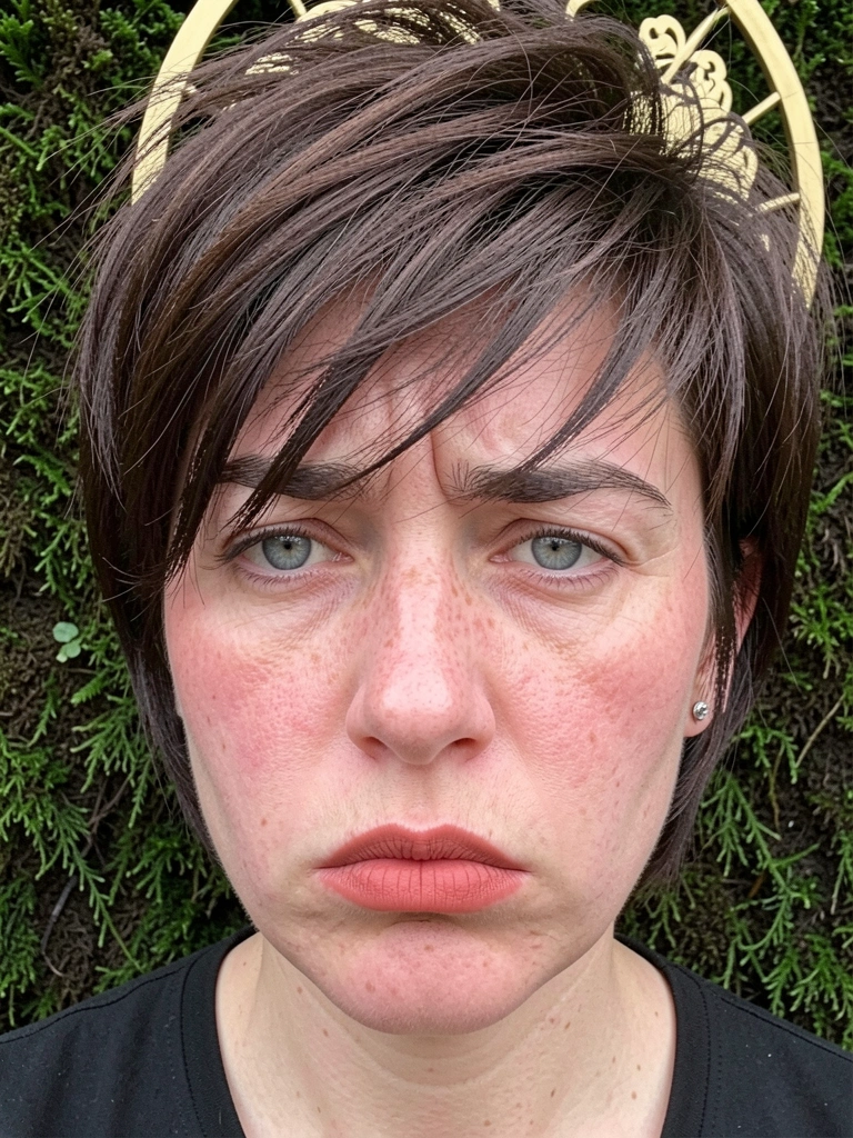 Mulher jovem com expressão insatisfeita segurando uma mecha do cabelo curto, em um salão de beleza.