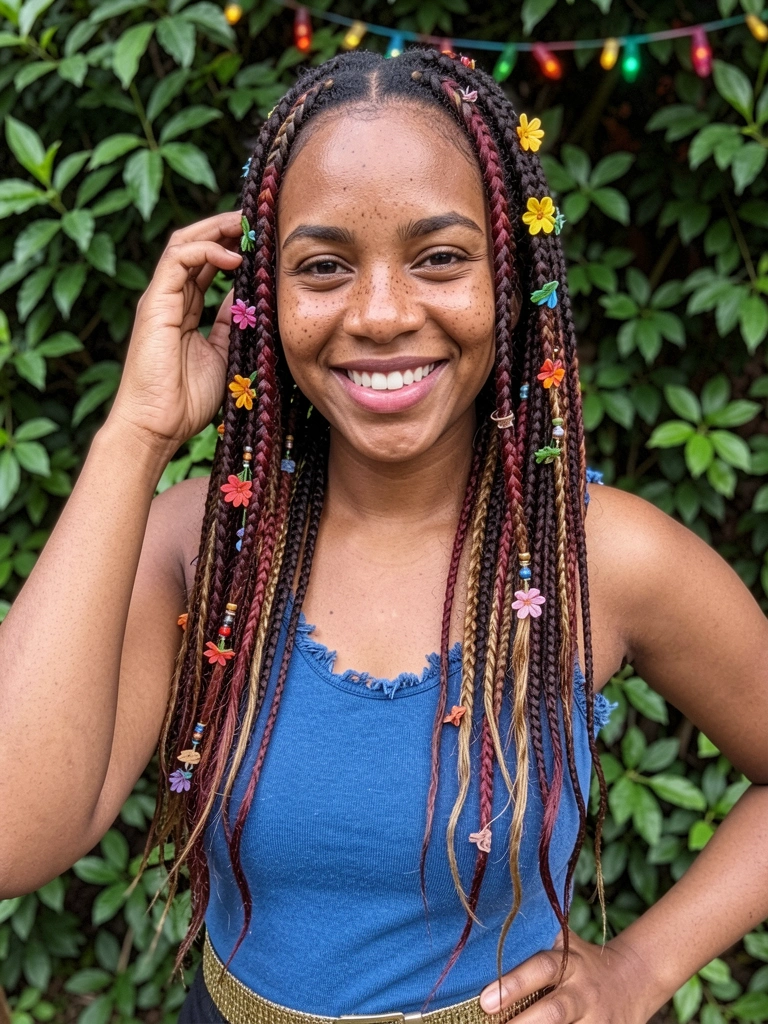 Cabelo com tranças gypsy adornadas com flores coloridas e miçangas, ao ar livre.
