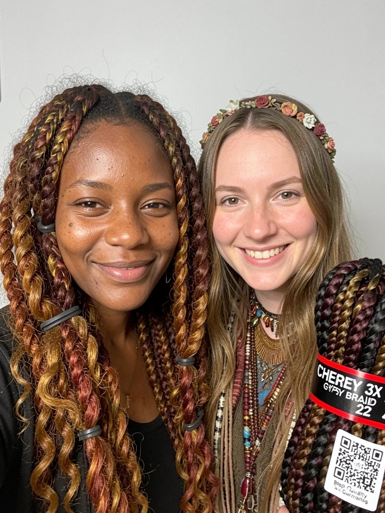 Duas mulheres com estilos contrastantes, uma com cabelos soltos e acessórios coloridos, outra com tranças e roupas fluidas.