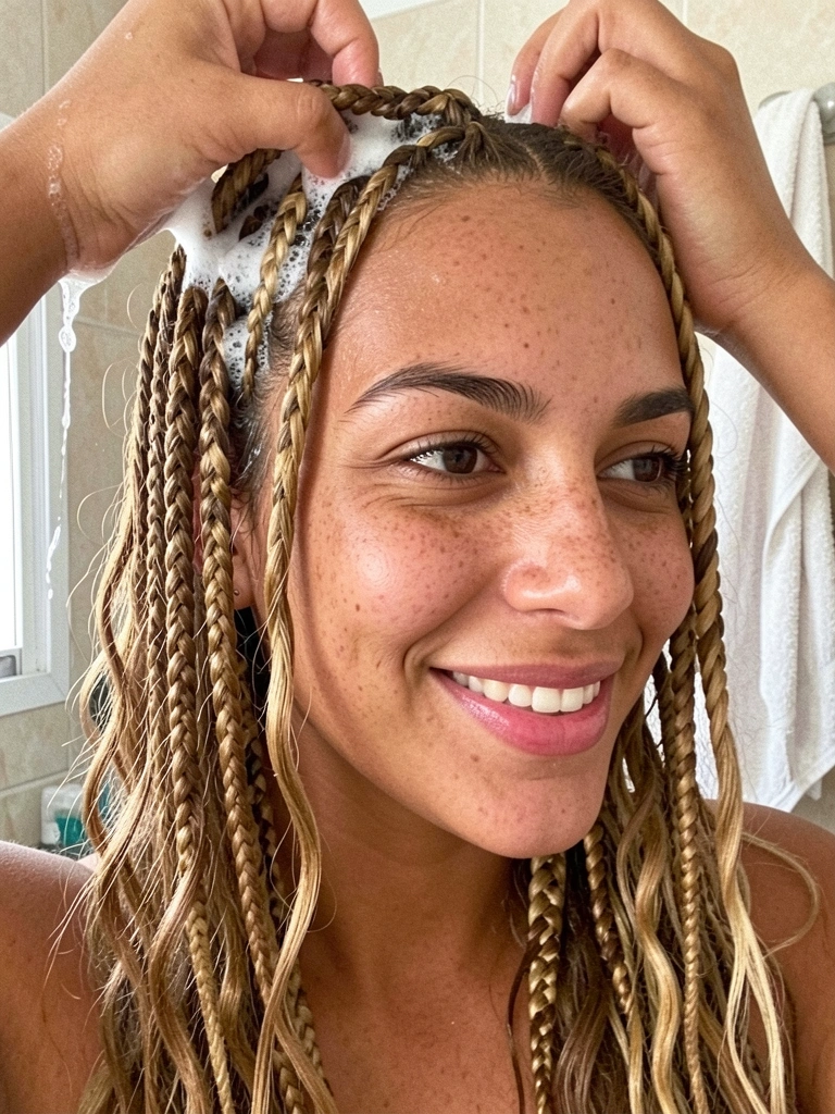 Mãos ensaboando tranças gypsy com shampoo, formando espuma.
